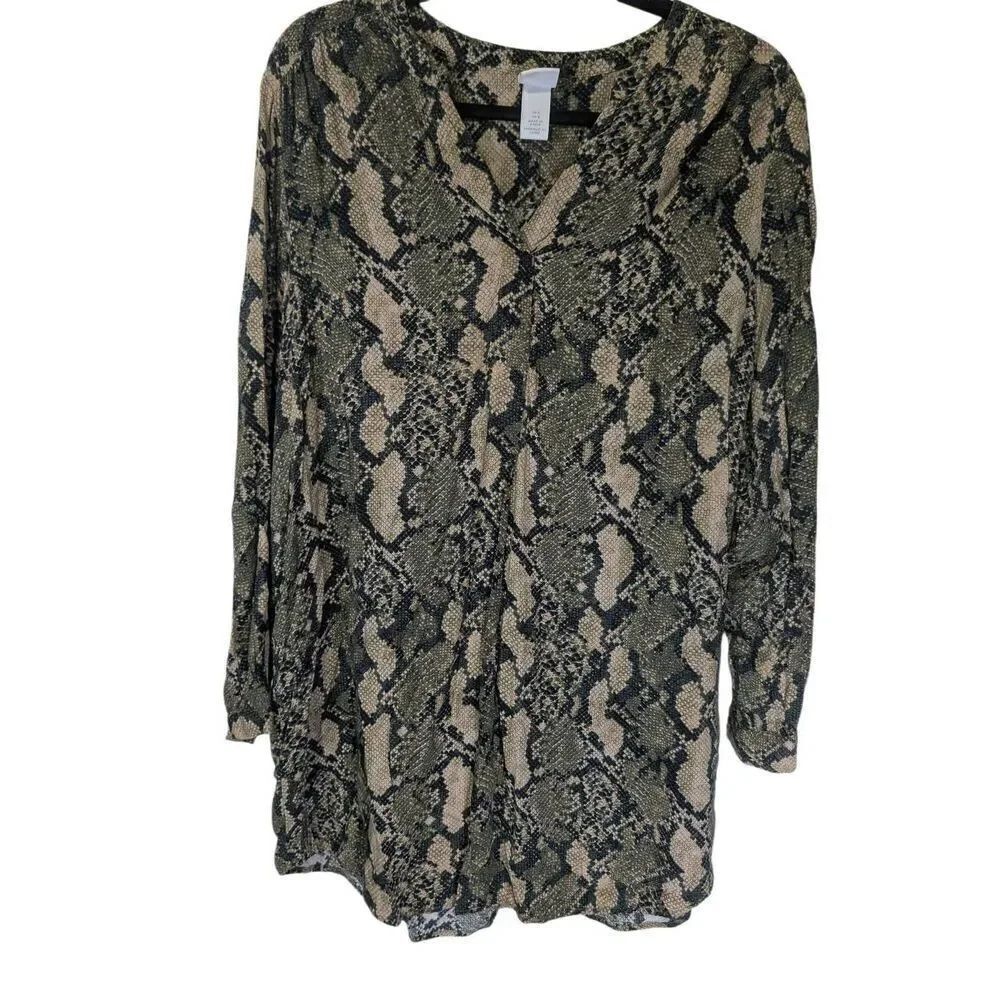 H&M Top Snake Print Green Sheer Ruffle Tie Neck Lightweight Long Sleeves Women's